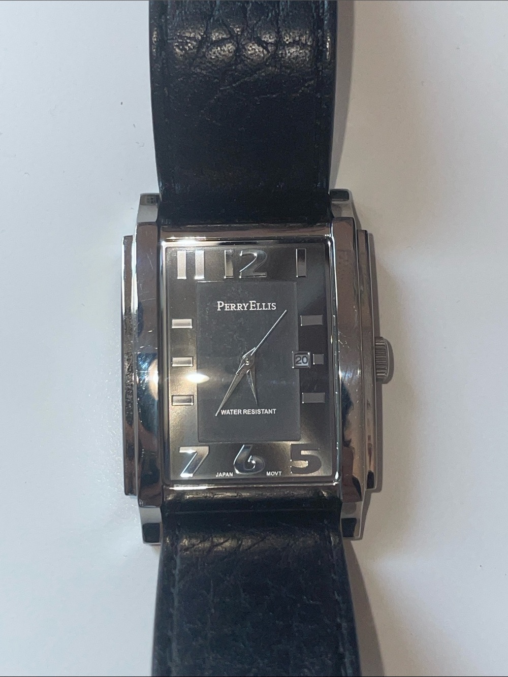 Perry Ellis Rectangular Stainless Steel Watch w/ Genuine Leather Strap